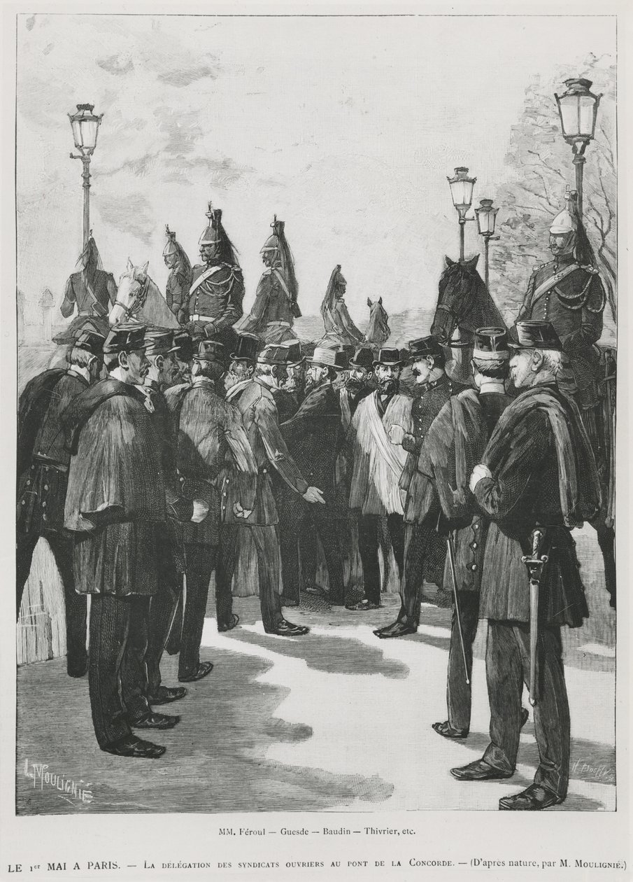 La delegazione dei sindacati al Pont de la Concorde durante la manifestazione per il 1° maggio a Parigi, 1° maggio 1890, inciso da L. Moulignie da French School