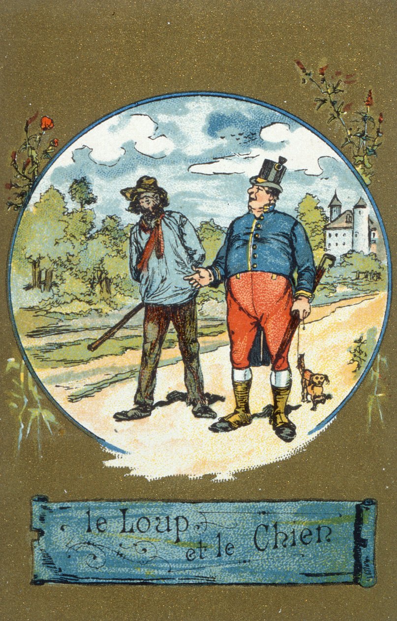 Il cane e il lupo, da Favole di Jean de La Fontaine da French School