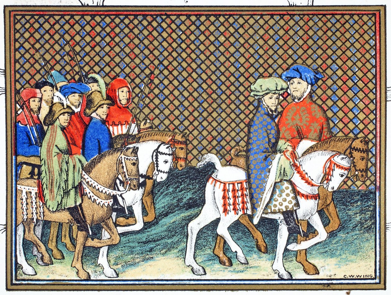 I duchi di Exeter e Surrey inviati da Riccardo II dal castello di Conway a Chester per trattare con il duca di Lancaster, copia facsimile da Le Prinse et Mort du Roy Richart di Jean Creton, ristampa XIX secolo da French School