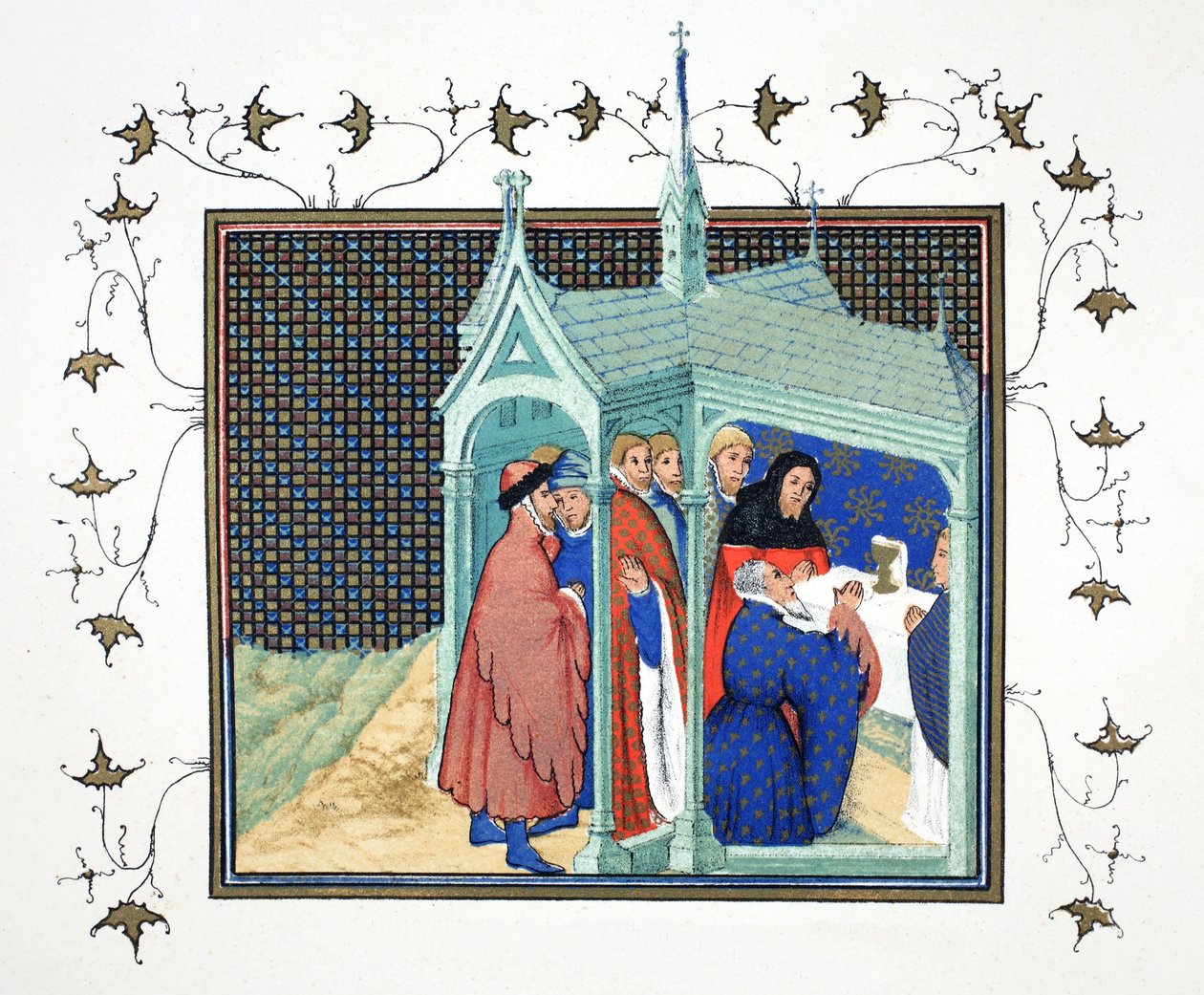 Il conte di Northumberland alla messa solenne nella cappella del castello di Conway prende il suo giuramento traditore e fatale, copia facsimile da Le Prinse et Mort du Roy Richart di Jean Creton, ristampa XIX secolo da French School