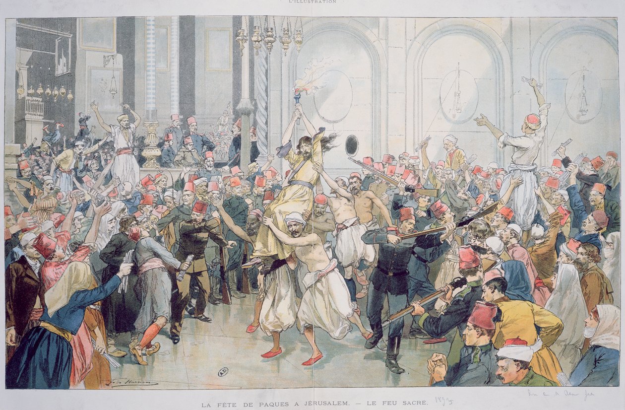 La processione pasquale del fuoco sacro a Gerusalemme, 1895 da French School