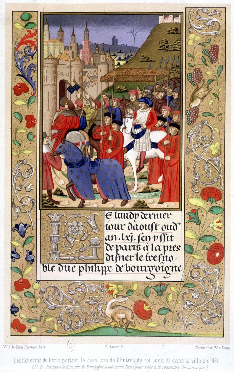 Gli Scabini di Parigi che portano il baldacchino quando il re Luigi XI entrò in città nel 1461 (NB: Filippo il Buono, Duca di Borgogna, aveva lasciato Parigi per incontrare il monarca). da French School