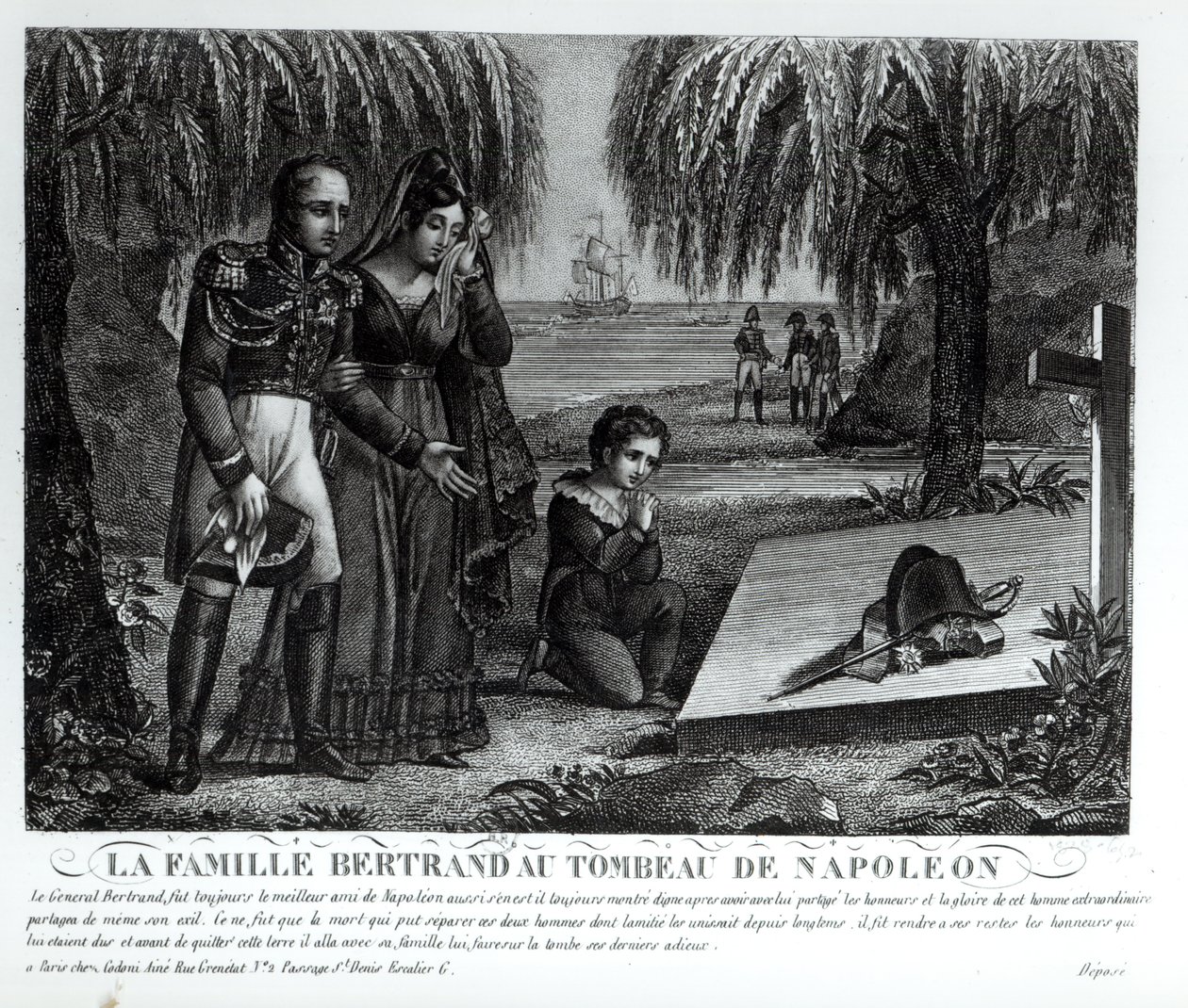 La famiglia del generale Henri-Gratien Bertrand (1773-1844) alla tomba di Napoleone Bonaparte (1769-1821) 1821 (litografia) (foto in bianco e nero) da French School