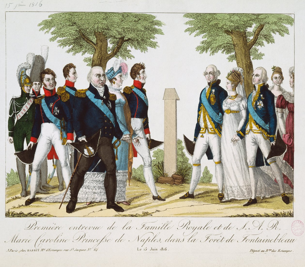 Il primo incontro tra Luigi XVIII (1755-1824) e Maria Carolina Ferdinanda (1798-1870) di Borbone, alla Croix de St. Herem nella foresta di Fontainebleau, 15 giugno 1816, 1816-30 (incisione colorata) da French School