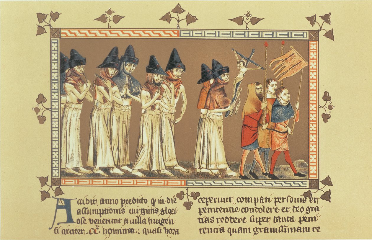 I flagellanti a Doornik nel 1349, copia di una miniatura dalla Cronaca di Aegidius Li Muisis da French School