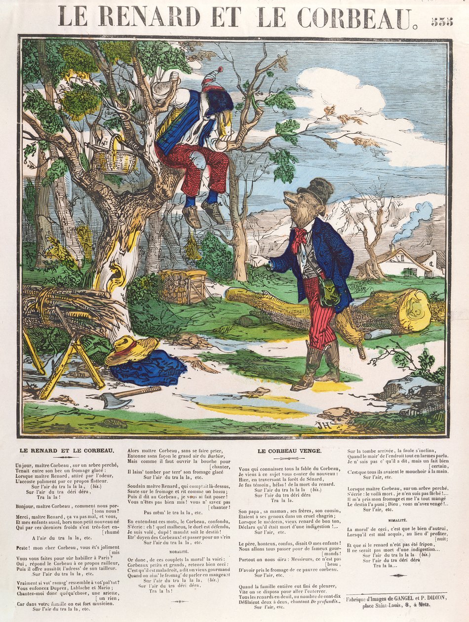 La Volpe e il Corvo, c.1840 (incisione colorata) da French School