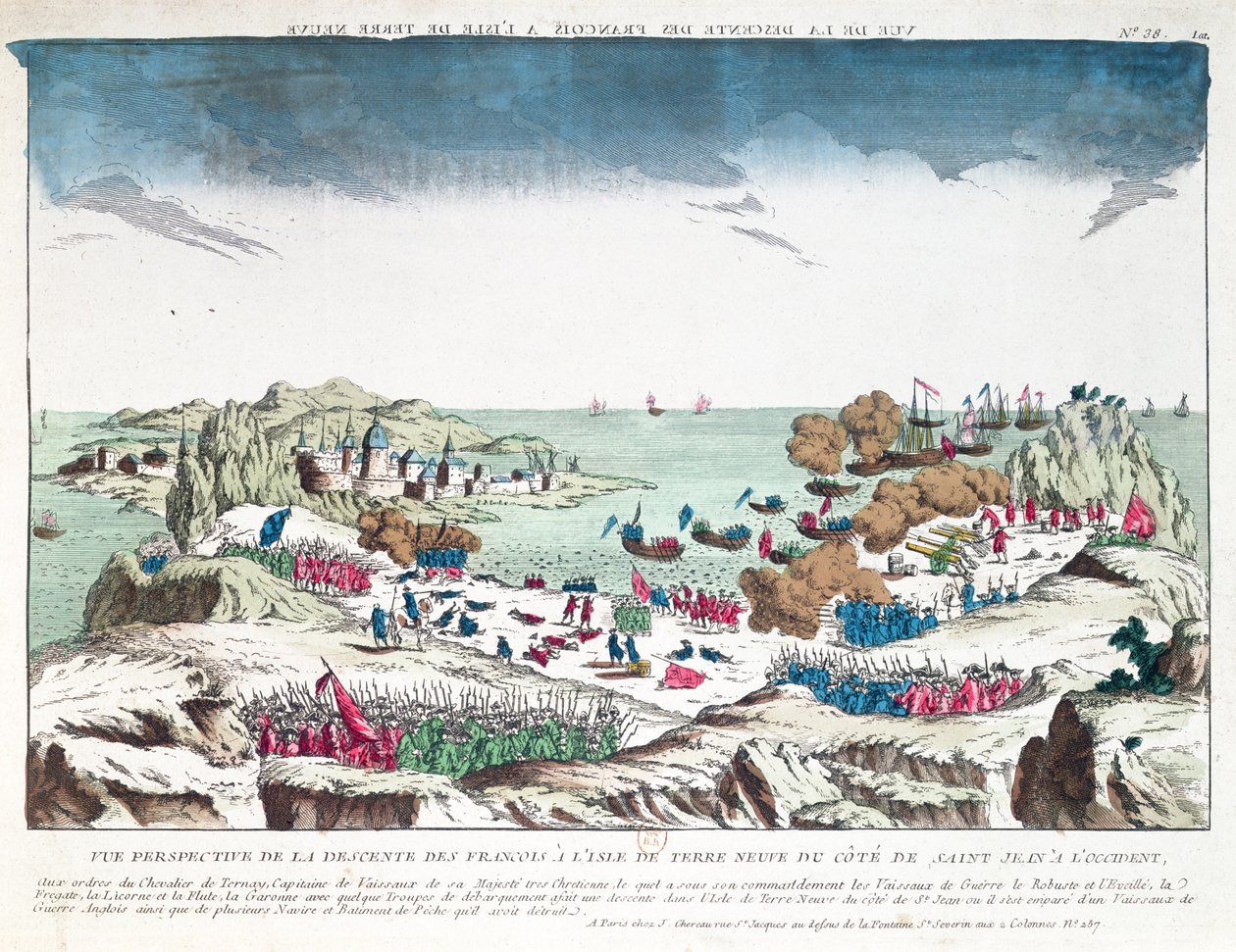 Il raid francese su St. John a Terranova il 2 giugno 1762 sotto il comando del Cavaliere du Ternay, fine del XVIII secolo da French School