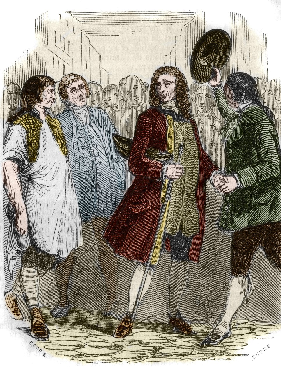 Lo scrittore e filosofo francese Francois-Marie Arouet detto Voltaire (1694-1778) tornato in Francia dopo il suo esilio. Incisione del XIX secolo da French School