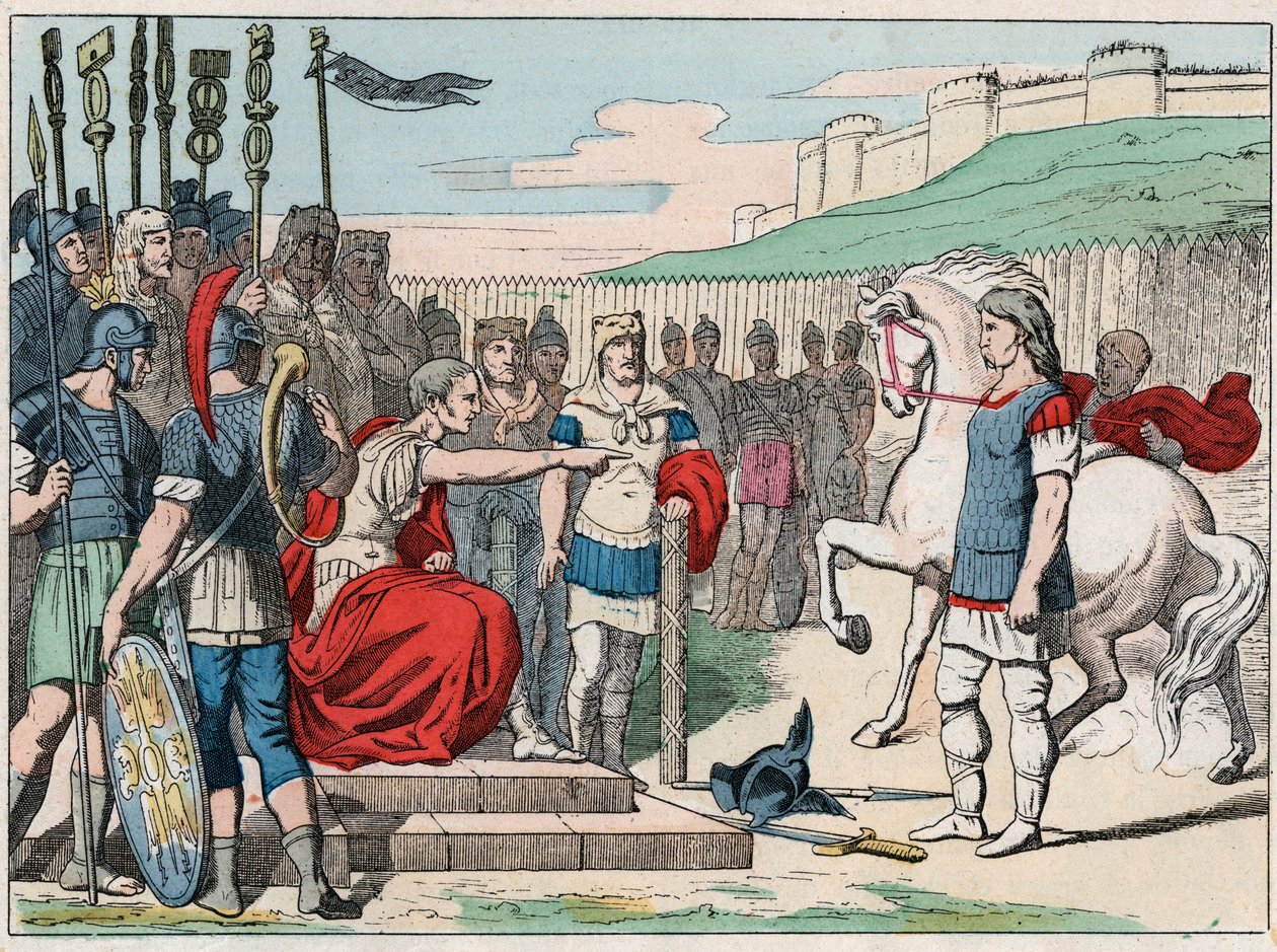 Il capo gallico Vercingetorige (80-46 a.C.) si arrende a Giulio Cesare (100-44 a.C.) ad Alesia nel 52 a.C. - incisione della fine del XIX secolo in 