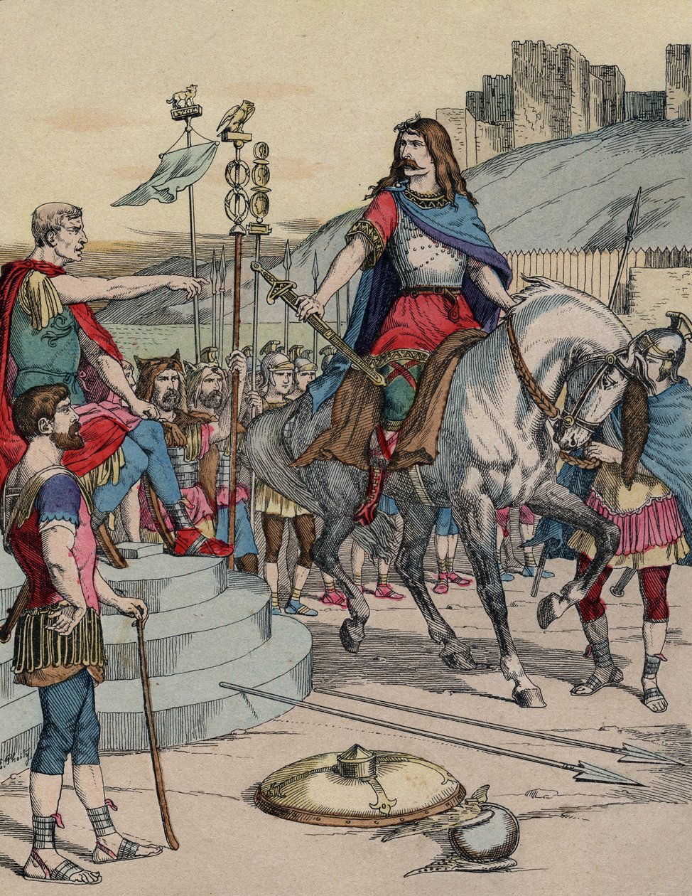 Il capo gallico Vercingetorige (72-46 a.C.) si arrende al capo romano Giulio Cesare (100-44 a.C.) dopo la battaglia di Alesia nel 52 a.C. da French School