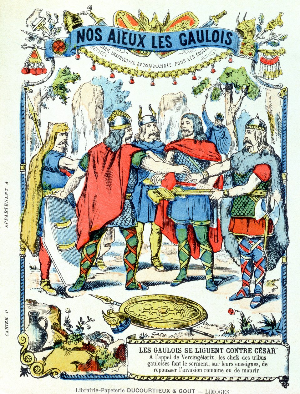 I capi galli in lega contro Giulio Cesare (100-44 a.C.) guidati da Vercingetorige (m.46 a.C.) da una copertina protettiva per libri scolastici, fine XIX secolo da French School