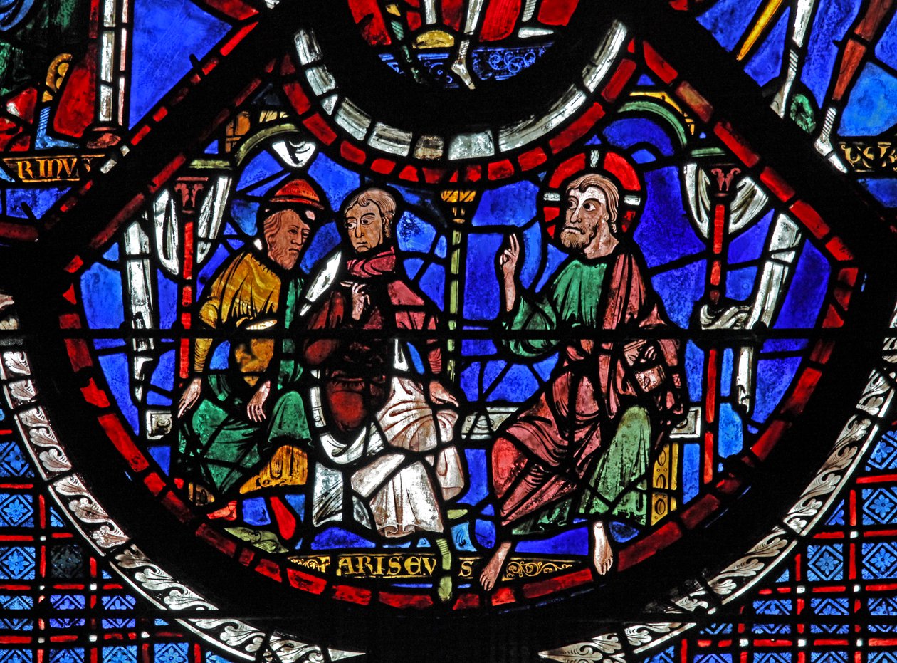 La finestra del Buon Samaritano: Cristo racconta la parabola del Buon Samaritano da French School