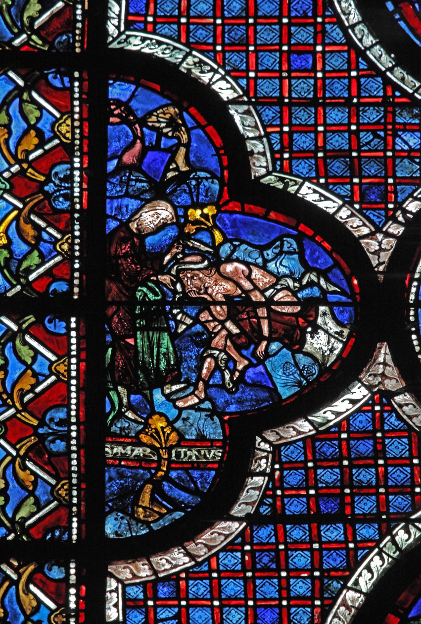 La finestra del Buon Samaritano: un Samaritano fascia le sue ferite da French School
