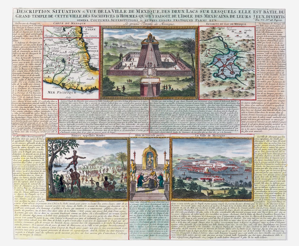 Il Grande Tempio, mappe del Messico e dei suoi dintorni (incisione colorata) da French School