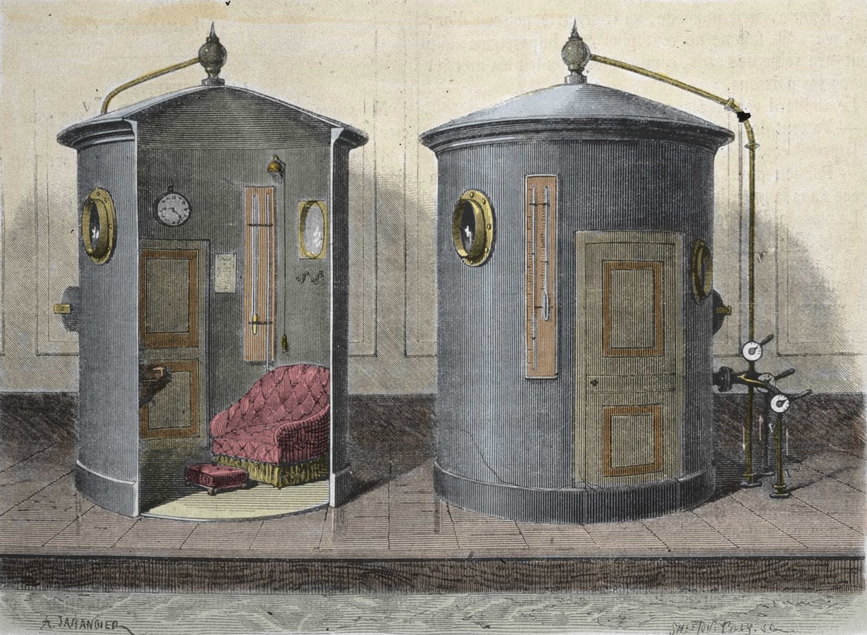 La camera iperbarica di Paul Bert (1833-1887) fisiologo e politico francese. Incisione del 1855 da French School
