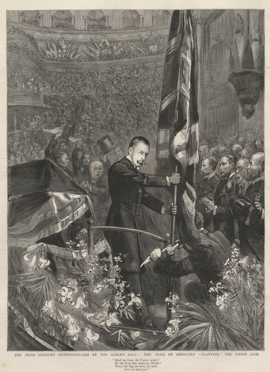 La dimostrazione dei lealisti irlandesi alla Albert Hall, Londra, 1893: il Duca di Abercorn (James Hamilton) (1811-1885) pianta la Union Jack da French School
