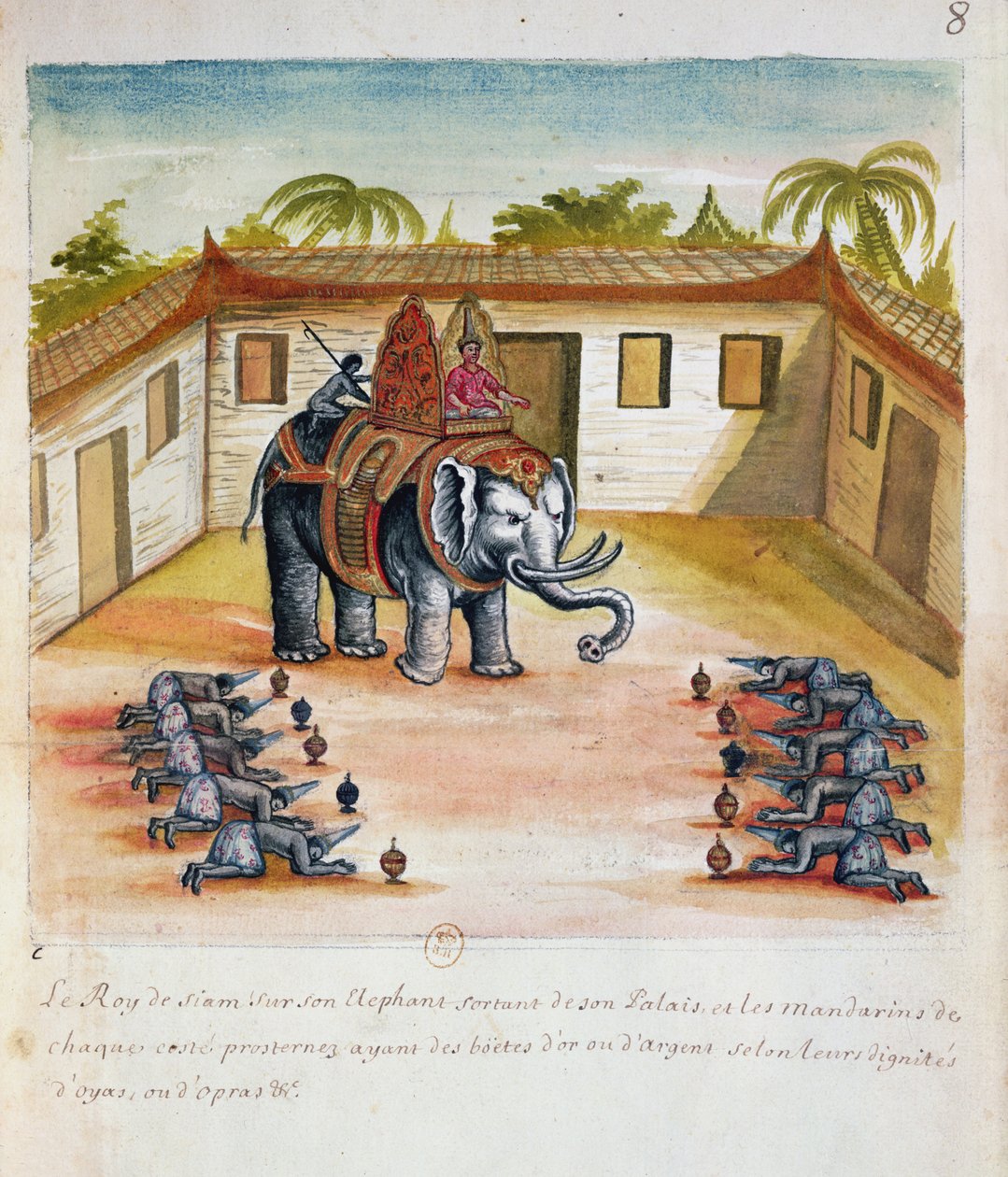 Il re del Siam sul suo elefante, da un resoconto dei gesuiti in Siam, 1688 da French School