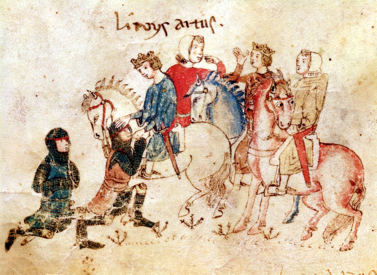 I cavalieri Esclabor e Arphasar offrono i loro servizi a Re Artù, dal Roman de Meliadus da French School