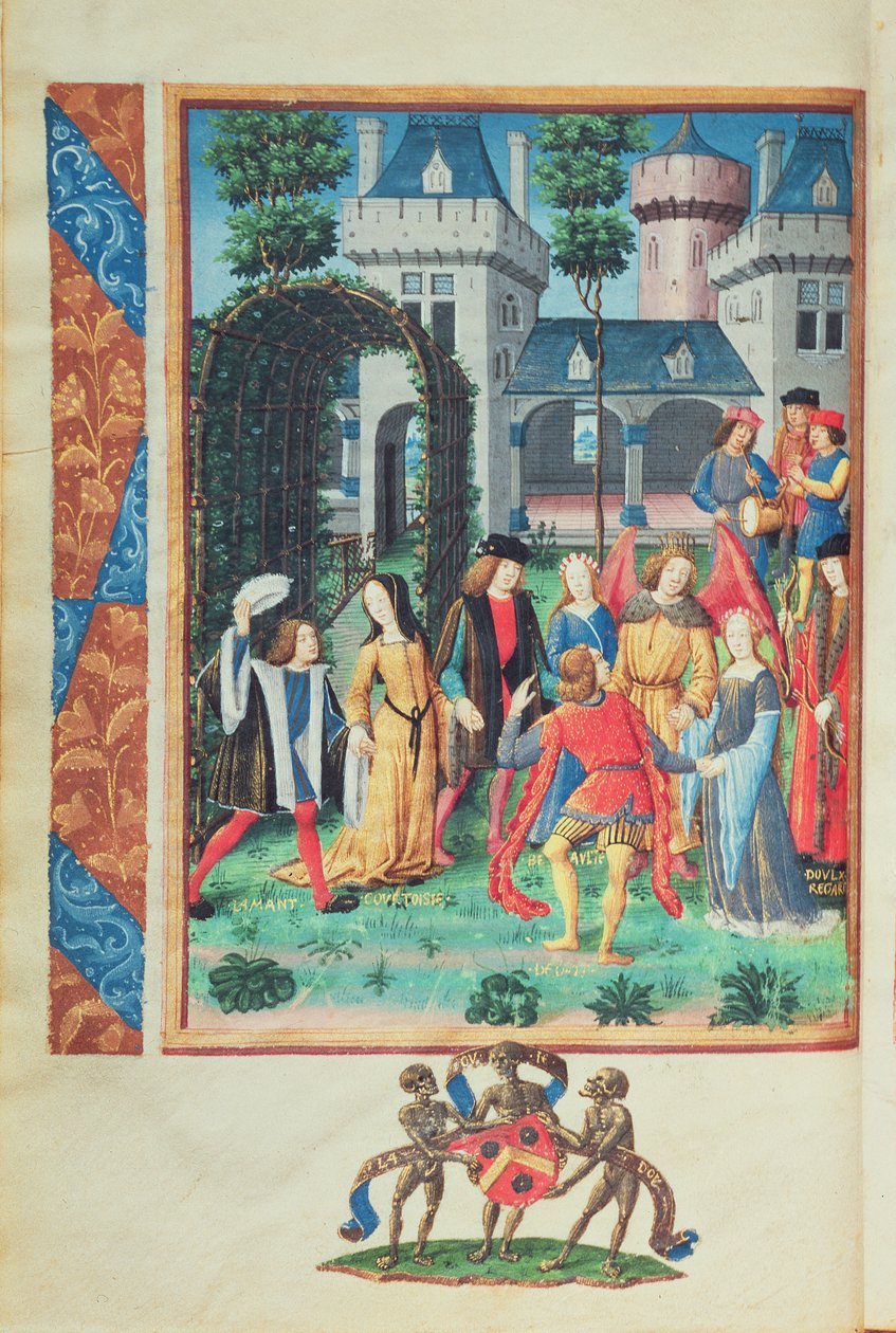 Il Giardino Magico, con figure allegoriche di Cortesia, Amore, Bellezza e Liberalità, dal Roman de la Rose da French School