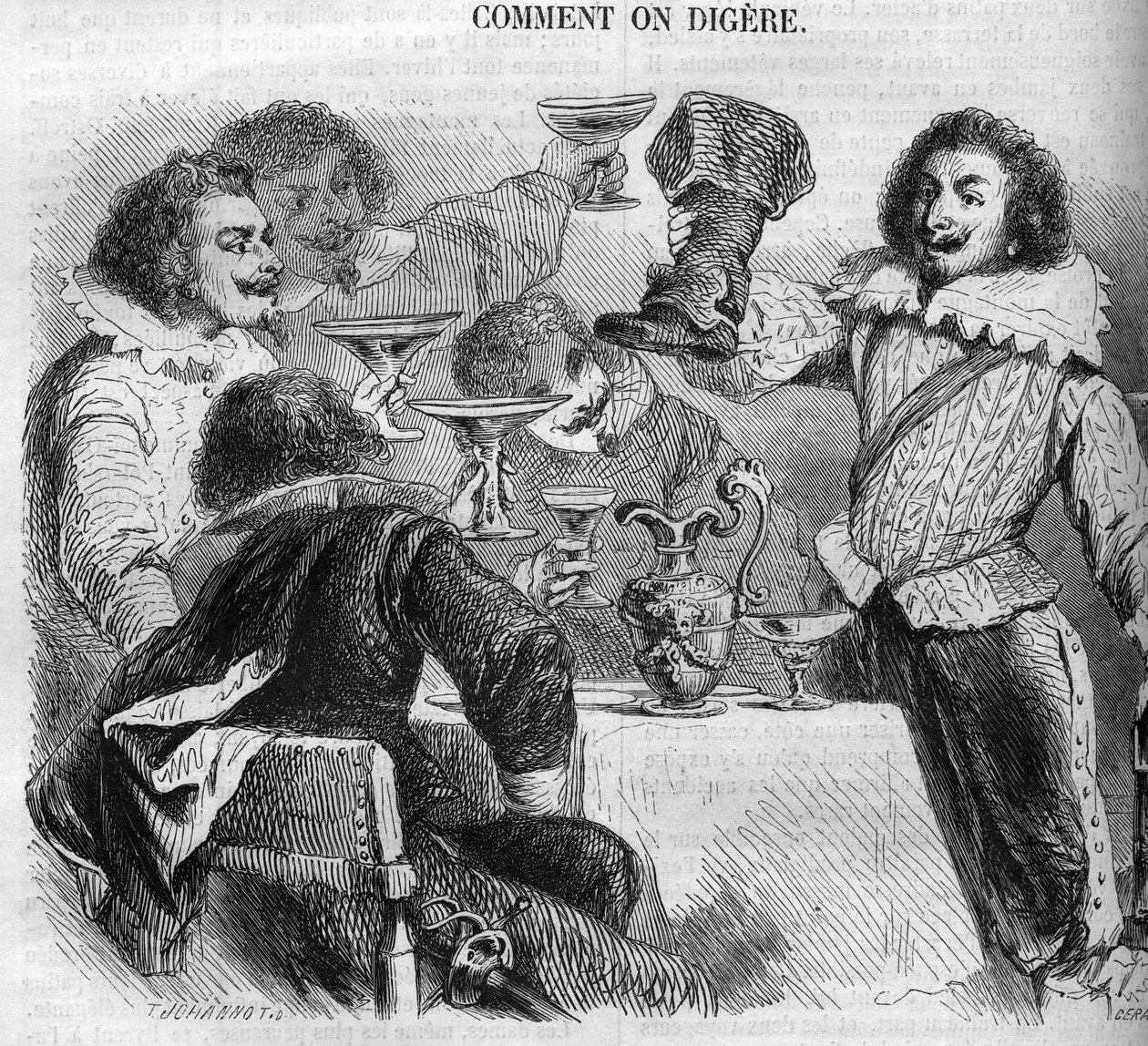 Il marchese François de Bassompierre beve dal suo stivale calderone. Incisione del 1852 da French School