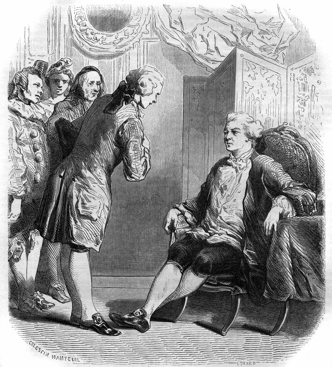 Il Marchese de Puysieulx riceve Philippe Néricault Destouches (1680-1754) e la sua troupe di comici itineranti. Incisione del 1858-1859. da French School