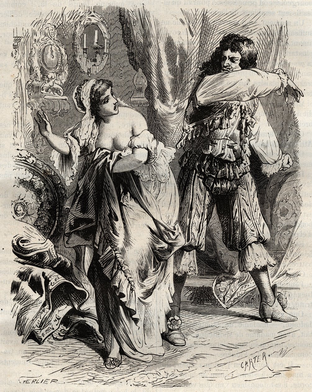 Il Marchese di Montespan, Louis Henri de Pardaillan de Gondrin (1640-1691), schiaffeggia sua moglie, la Marchesa di Montespan (Francoise Athenais) per avergli rifiutato un ordine del Re. Incisione del 1871 in "Histoire Des Cocuses Celebres" di Henry de Koc da French School