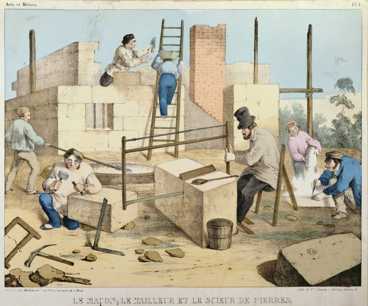 Il muratore, il tagliapietre e il segatore di pietre, c.1860 da French School