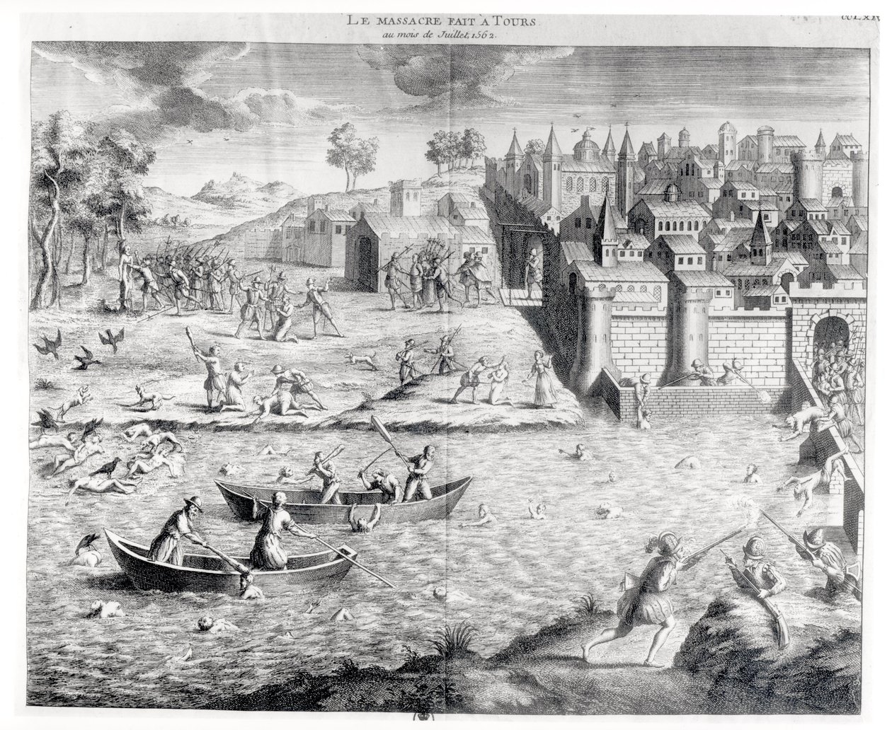 Il massacro degli ugonotti a Tours nel 1562 da French School