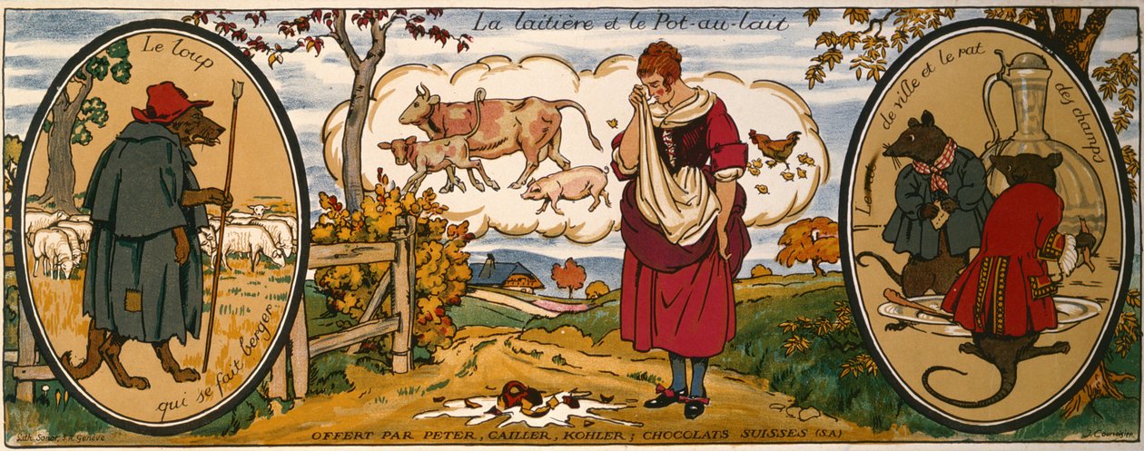 La lattaia e il bidone del latte, da "Favole" di Jean de La Fontaine (1621-95), biglietto da visita dei cioccolatini svizzeri "Peter, Cailler, Kohler" (litografia a colori) da French School