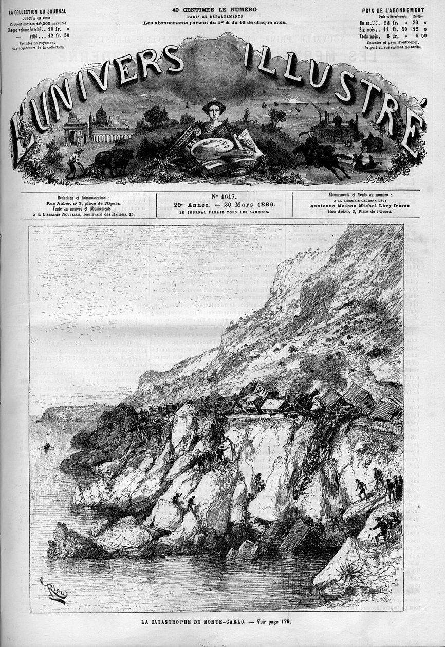 Il disastro di Monte Carlo: incidente ferroviario sulla linea ferroviaria lungo la costa. Un giornale. Incisione in "Le Monde Illustré" da French School