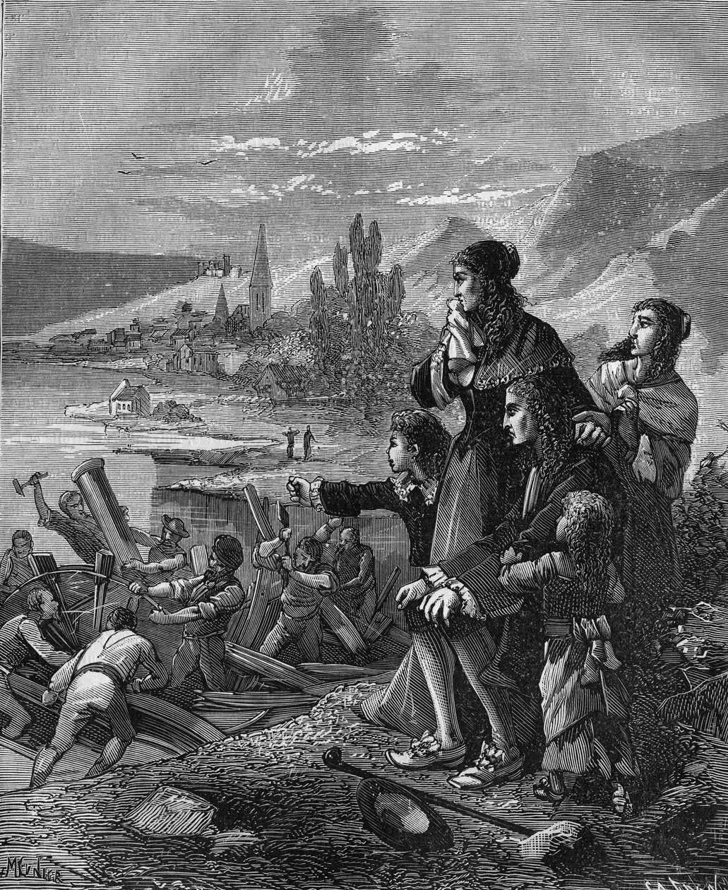 I marinai di Munden distruggono il "battello a vapore" di Denis Papin, fisico e inventore francese da French School