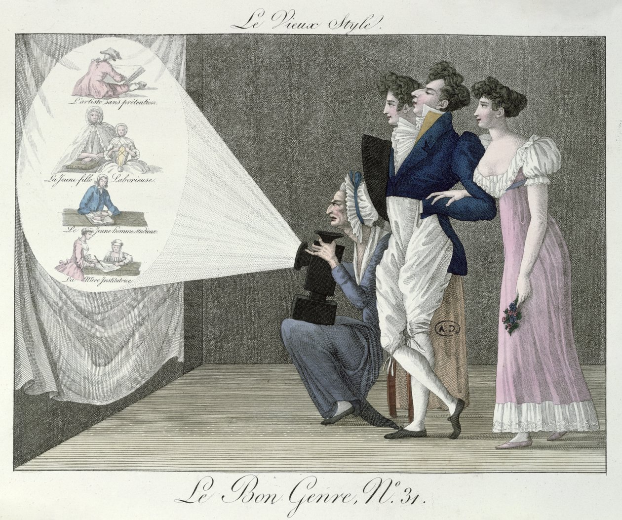 Lo stile antico, guardando una proiezione di immagini del XVIII secolo da un film di lanterna magica, illustrazione da Le Bon Genre da French School