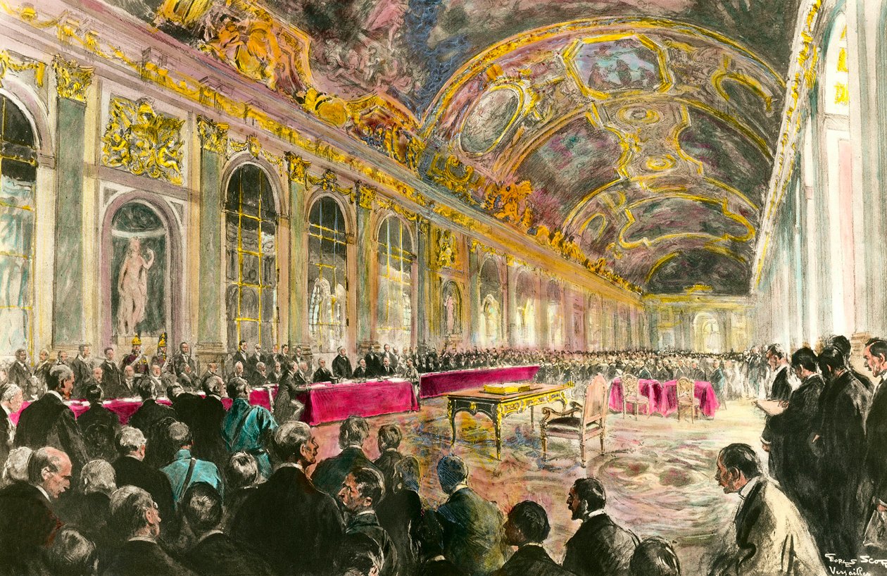Il Congresso di pace nella Galleria del ghiaccio di Versailles il 28/06/1919: Il presidente del Consiglio francese Georges Clemenceau apre la sessione. da French School