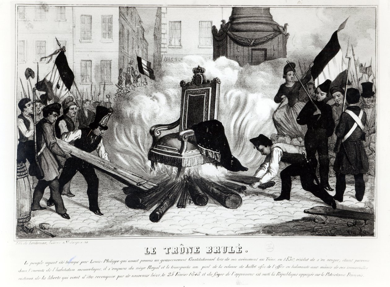 Il popolo brucia il trono a Place de la Bastille, 1848 da French School