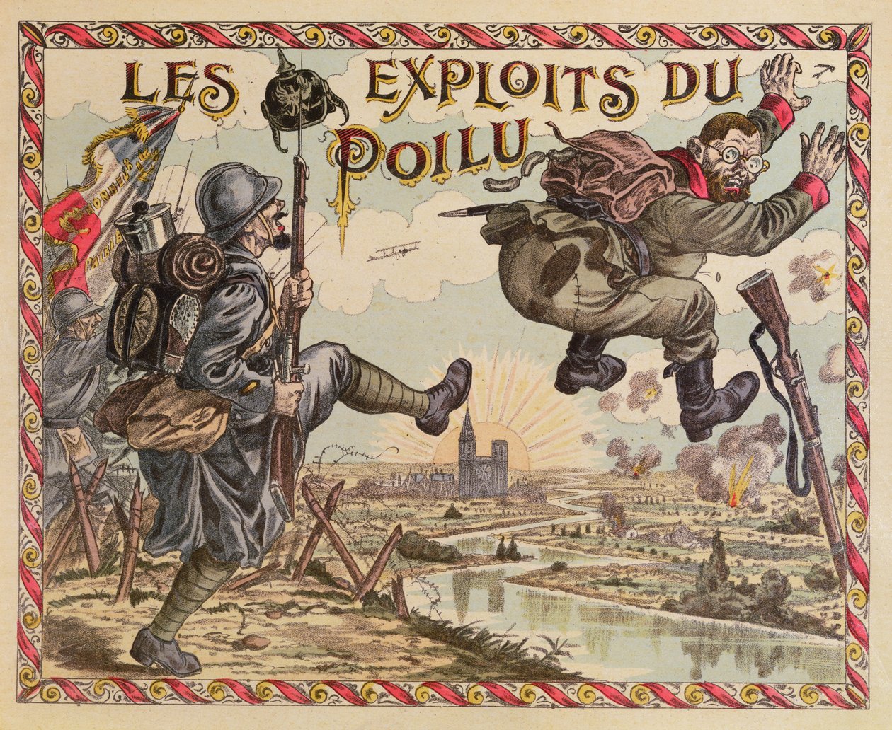 Le imprese dei Poilus, spingendo il tedesco oltre il Reno, copertina di un gioco da tavolo, c.1914-15 da French School