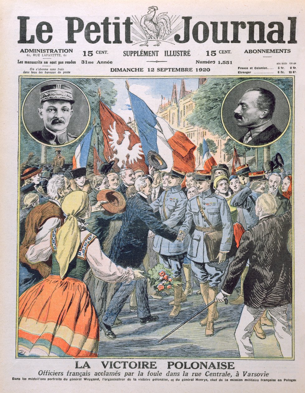 La vittoria polacca, ufficiali francesi acclamati dalla folla nella strada centrale di Varsavia, illustrazione di copertina di Le Petit Journal, 12 settembre 1920 da French School