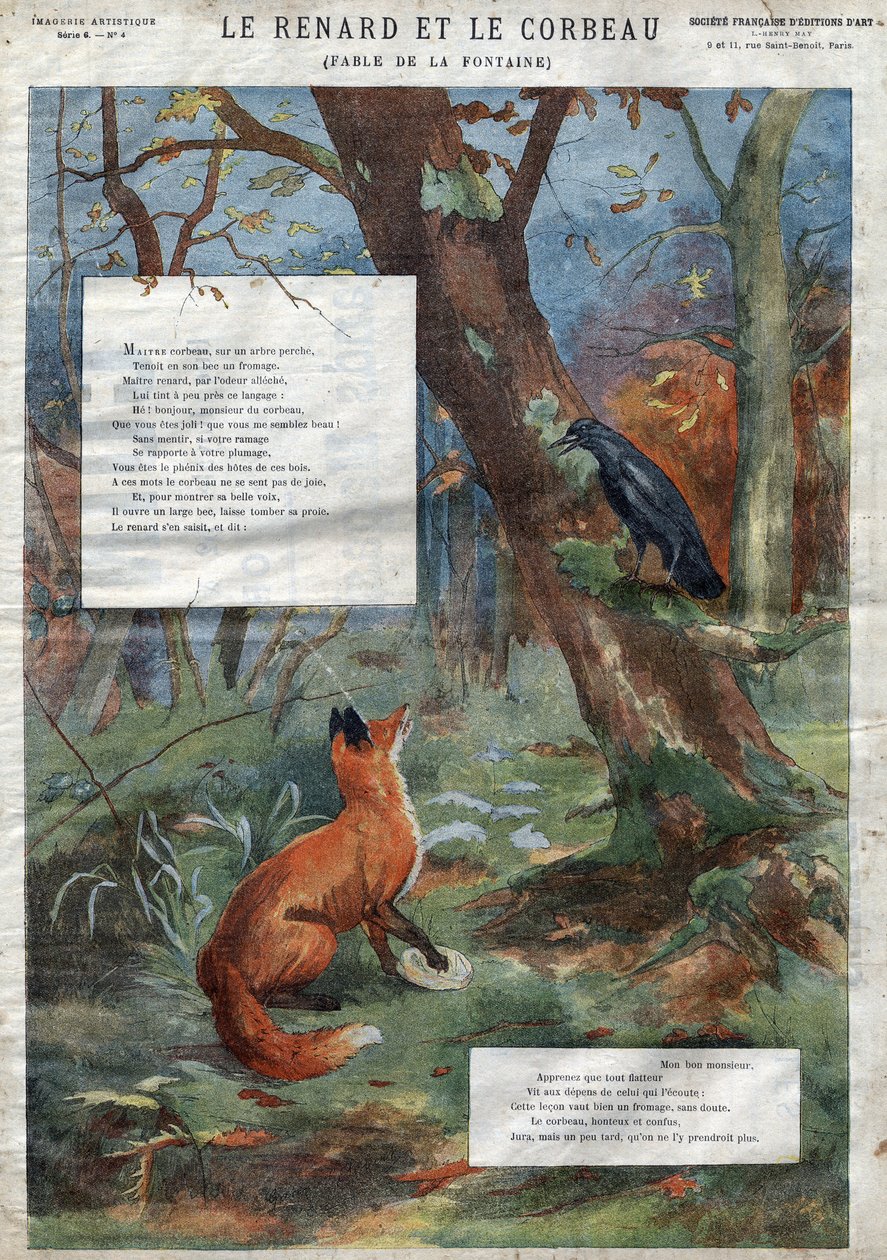 Il corvo e la volpe. Favole di Jean de La Fontaine (1621-95). Illustrazione della fine del XIX secolo da French School