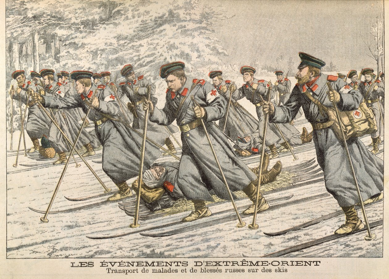 La Croce Rossa trasporta russi feriti sugli sci durante la guerra russo-giapponese (1904-05) da Le Petit Journal, c.1904 da French School