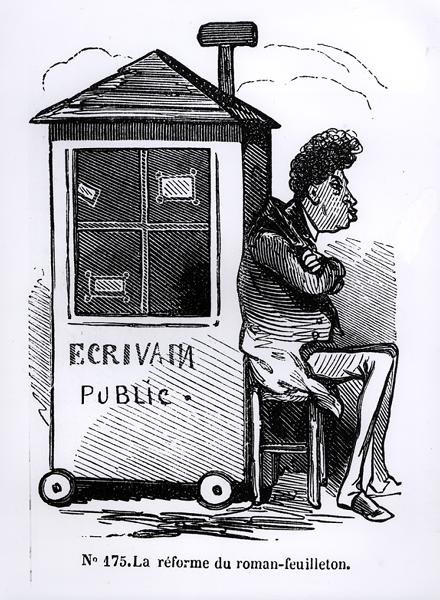 La Riforma del romanzo a puntate, Dumas (1802-70) da una cabina di scrittore pubblico, caricatura da 