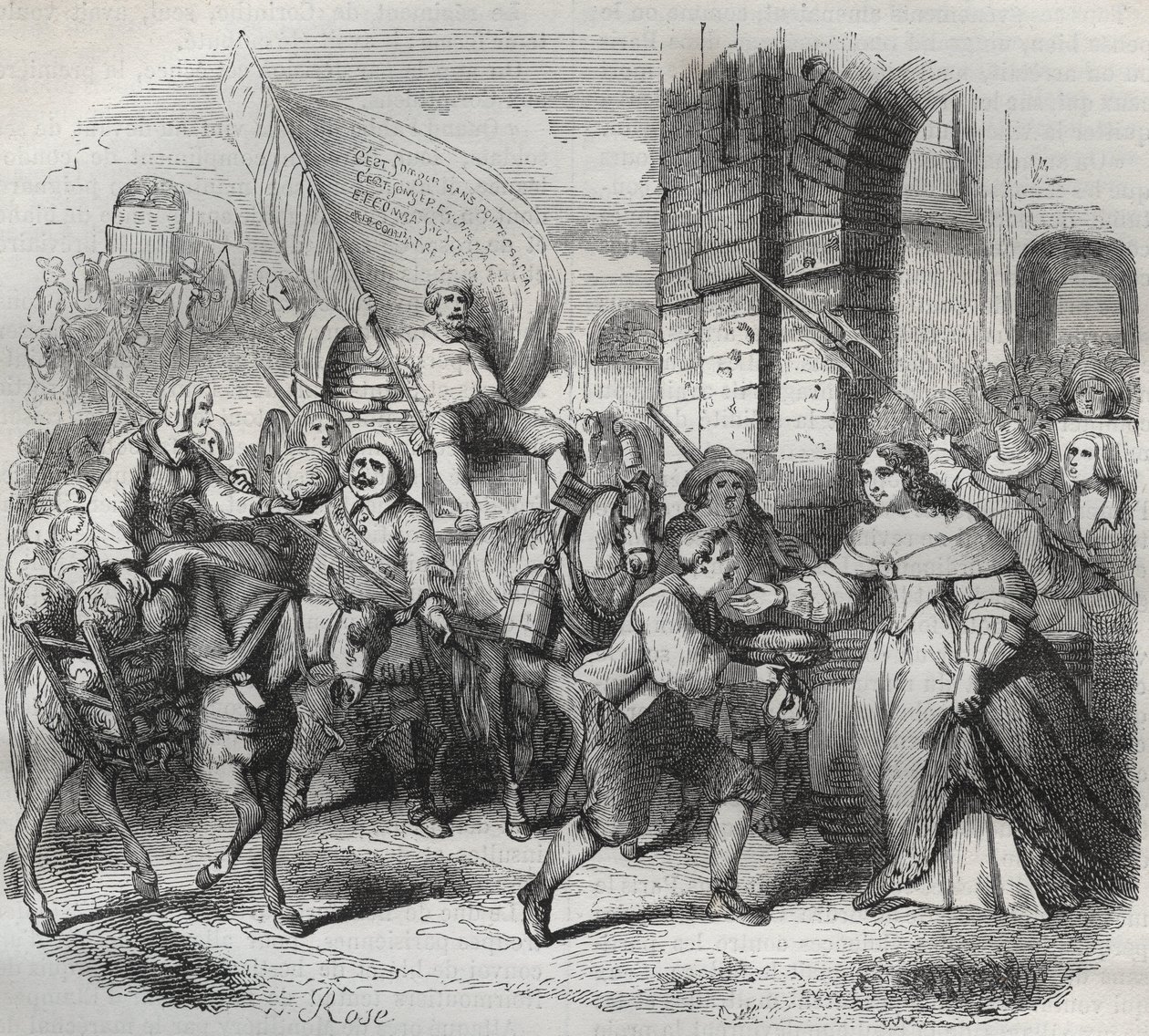 Il ritorno di Gonesse, episodio della Fronda: la “Signora di Parigi” accoglie la “Signora di Aubervilliers” e il “Nouricier Gonesse” venuti a rifornirla. Incisione frondeuse 1649 - incisione in “Parigi attraverso i secoli” di H. Gourdon de Genouillac da French School
