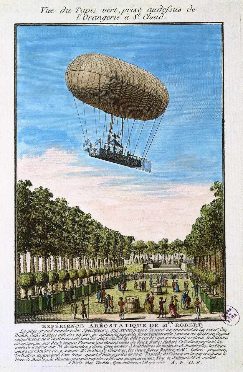 Il dirigibile Robert sopra Saint Cloud, Parigi, 15 luglio 1784 da French School