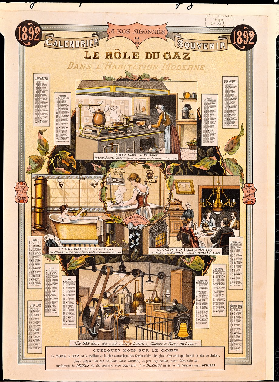Il ruolo del gas nelle case moderne, da un calendario della Compagnia del Gas Francese, 1892 da French School