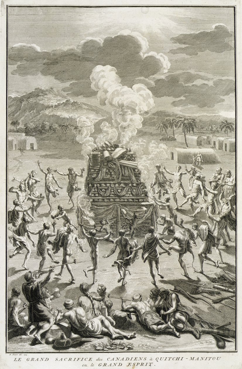Il sacrificio a Quitchi-Manitou, o Il Grande Spirito, dai canadesi, illustrazione da Cerimonie e usanze religiose, inciso da Bernard Picart (1673-1733) 1723 da French School