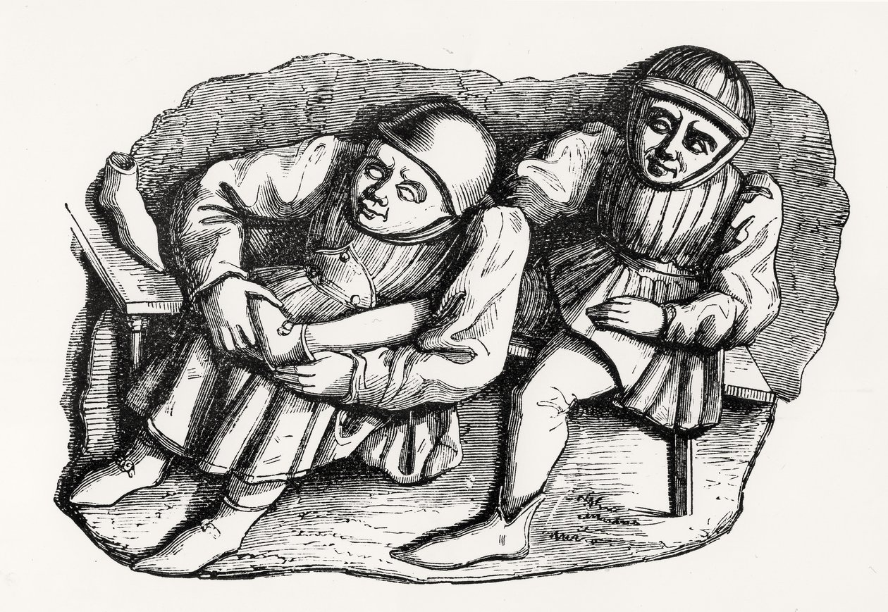 Il calzolaio e il suo cliente, copiato da uno degli stalli della Misericordia nel coro della cattedrale di Rouen, illustrazione da Scienza e Letteratura nel Medioevo e nel Rinascimento da French School