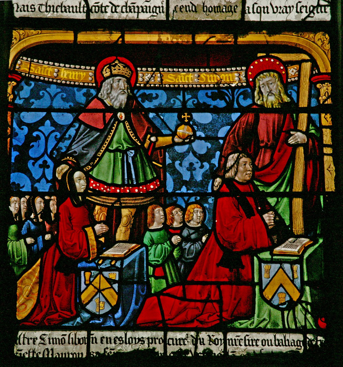 La finestra di San Luigi: I donatori Henriette de Mauroy e Simon Liboron con i loro santi patroni San Enrico e Simone di Cirene da French School