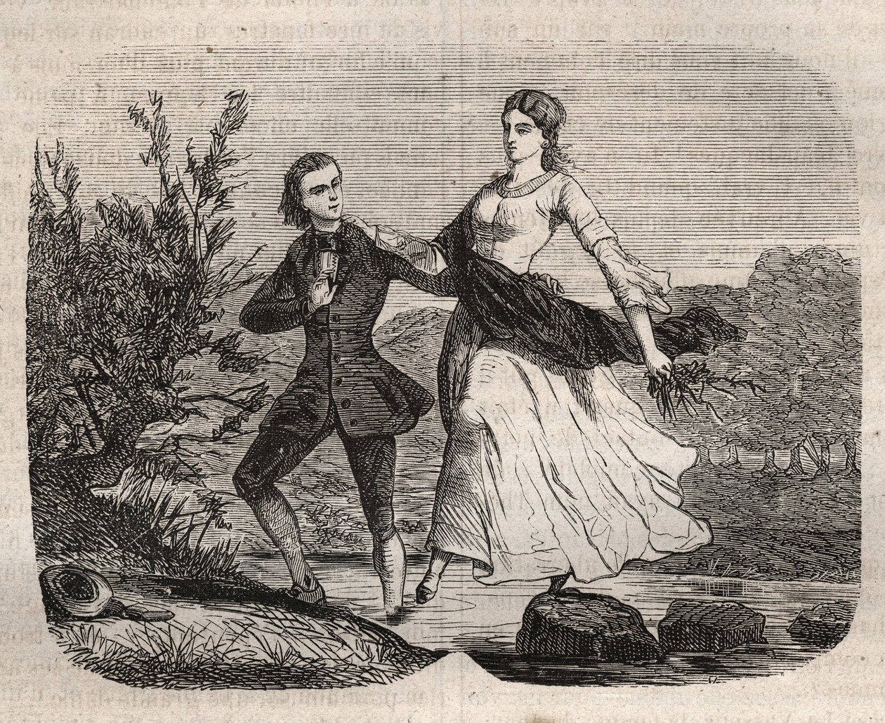 Il filosofo svizzero Jean Jacques (Jean-Jacques) Rousseau (1712-1778) aiutò Mademoiselle Galley ad attraversare un ruscello. Incisione del 1871 in "Histoire Des Cocus Célèbres" di Henry de Kock (1819-1892). da French School