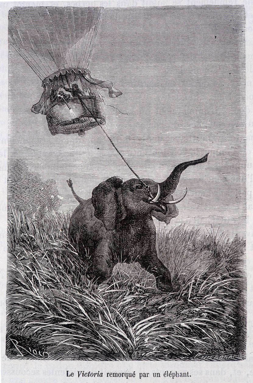La Victoria trainata da un elefante - in "Cinque settimane in pallone", romanzo di Jules Verne da French School