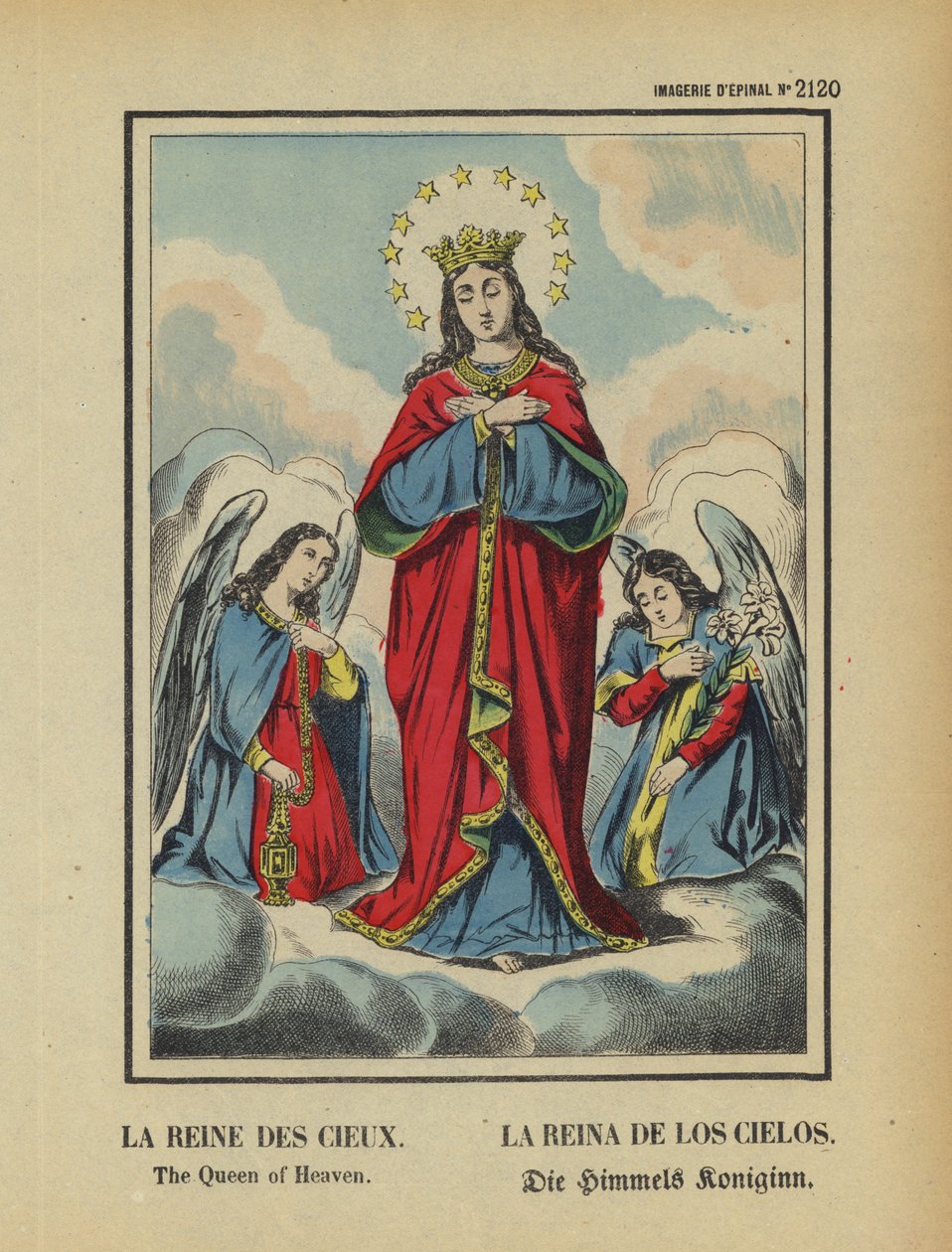 La Vergine Maria, regina del cielo (litografia a colori) da French School