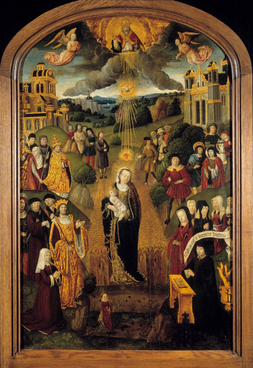 La Vergine con il grano Re Luigi XII (1462-1515) e Papa Alessandro VI (1431-1503) sono presenti. Dio Onnipotente che tiene il Globo benedice la scena mentre lo Spirito Santo protegge la Vergine e il Bambino da French School