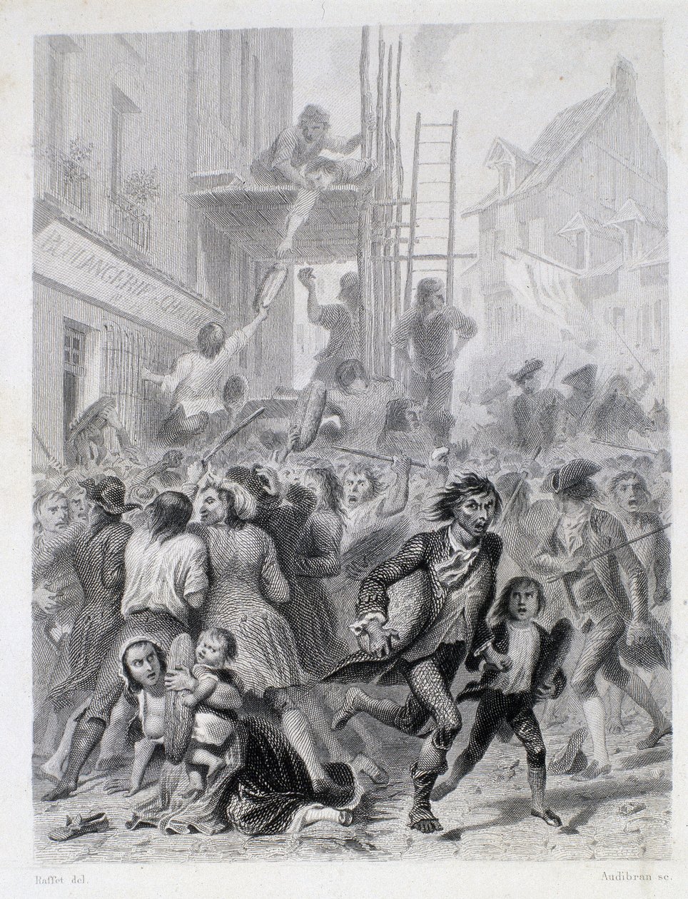 La Guerra delle Farine: rivolta davanti a una panetteria nel maggio 1775 (primi frutti della Rivoluzione Francese) da French School